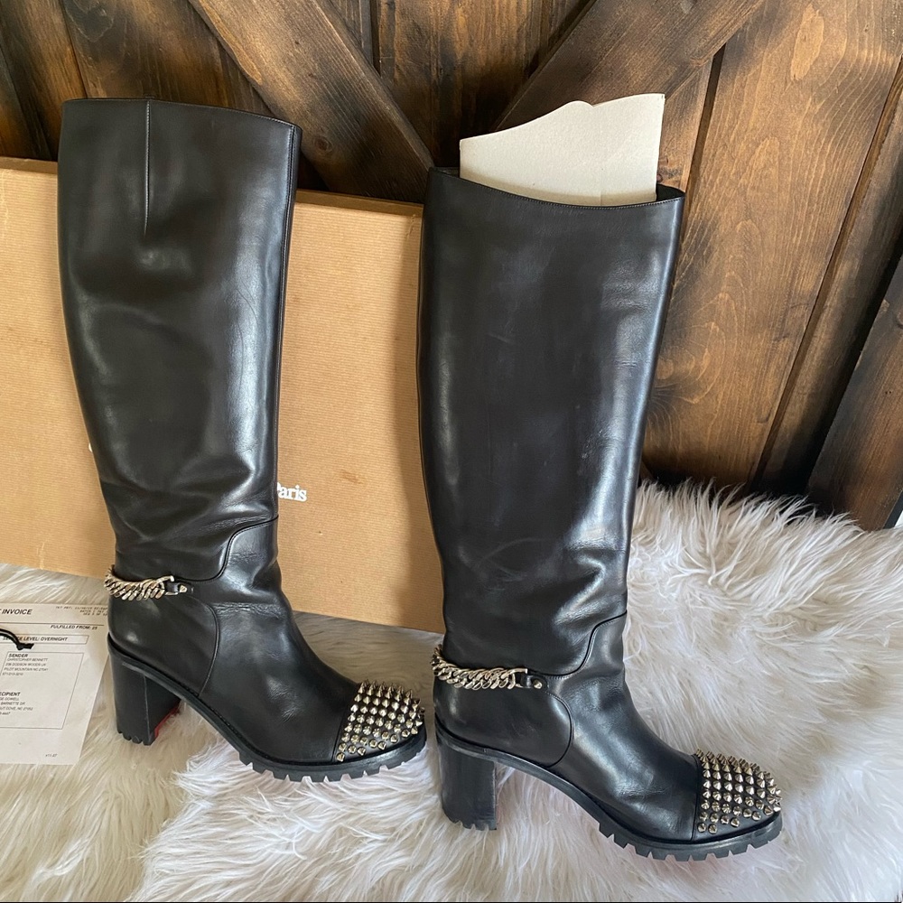 SOLD❤️Christian Louboutin Napaleona Spiked-Toe Red Knee Bl boots leather - Picture 14 of 16